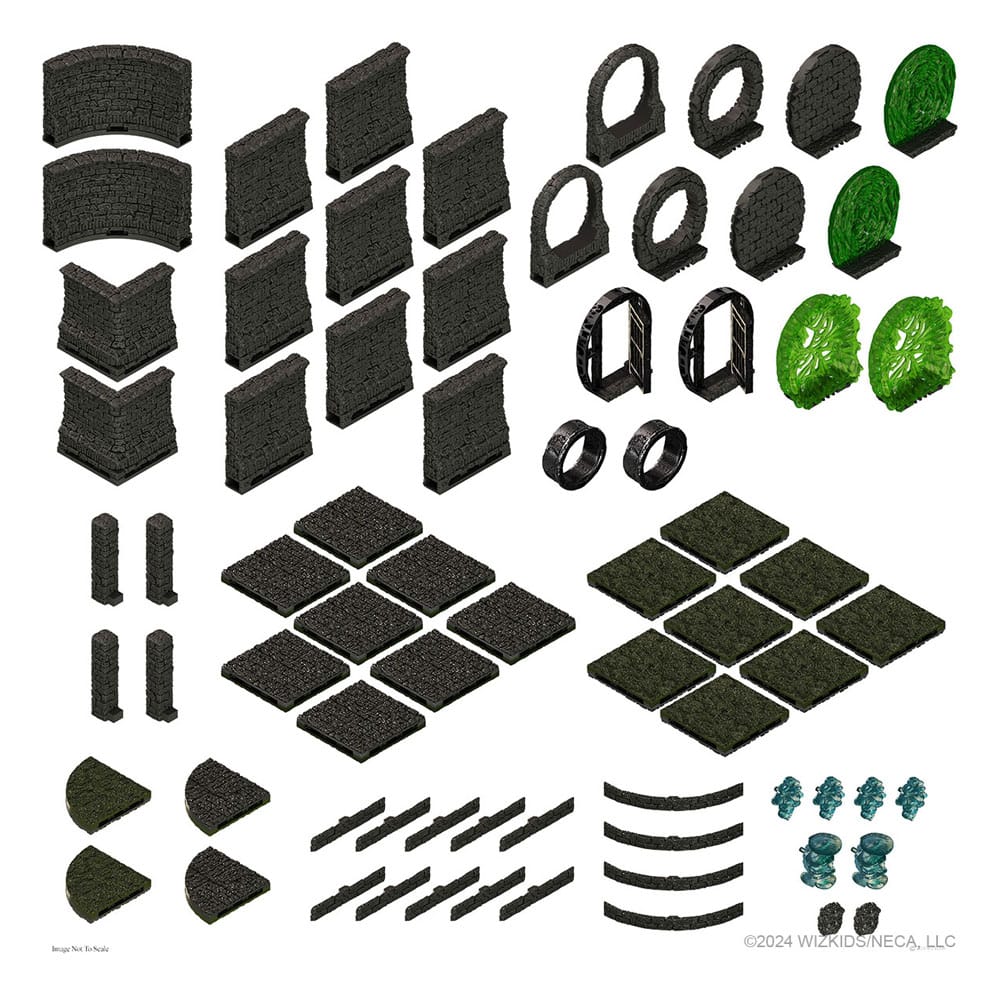 A collection of dark grey and green modular tabletop terrain pieces, including walls, arches, and floor tiles