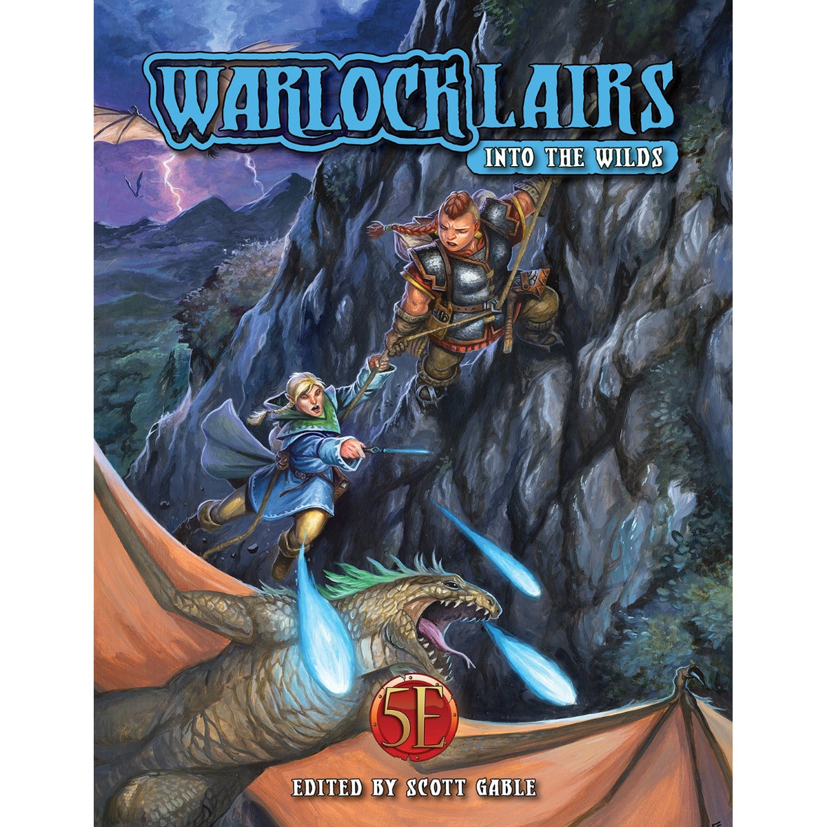 Warlock Lairs Into the Wilds cover art features two adventurers on a cliff and a dragon breathing blue fire below, against a stormy, mountainous backdrop