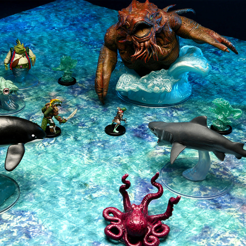Tabletop RPG battle: A massive kraken emerges from water, surrounded by adventurers and sea creatures on a blue aquatic game mat
