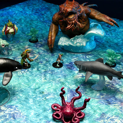Tabletop RPG battle: A massive kraken emerges from water, surrounded by adventurers and sea creatures on a blue aquatic game mat