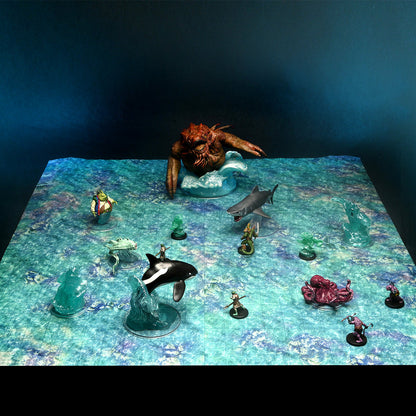 Tabletop RPG: A large red sea monster rises from waves, with an orca, shark, and miniatures on a game mat