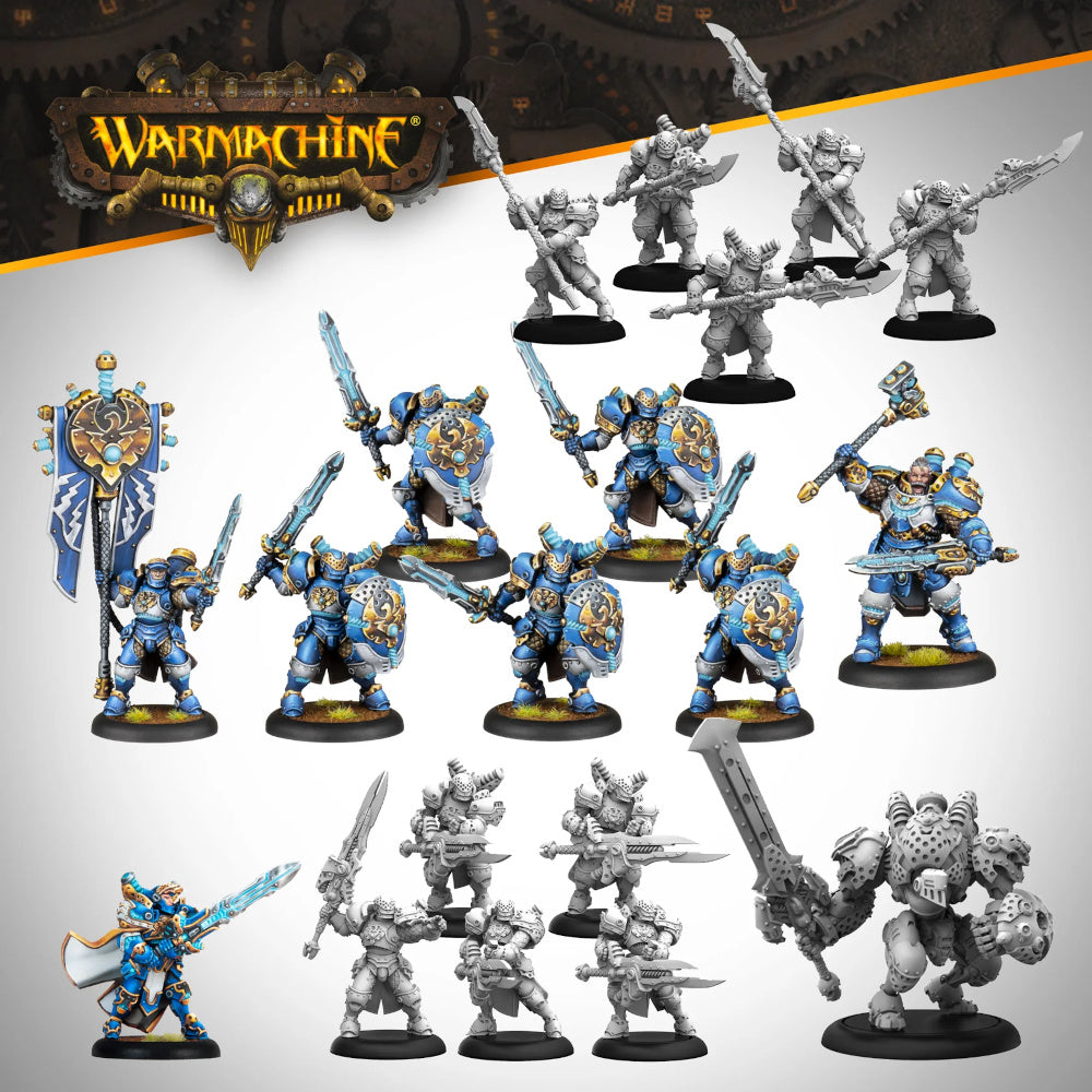 WARMACHINE miniatures: painted blue & gold armored soldiers with swords/shields, unpainted figures, and a large mechanized warjack