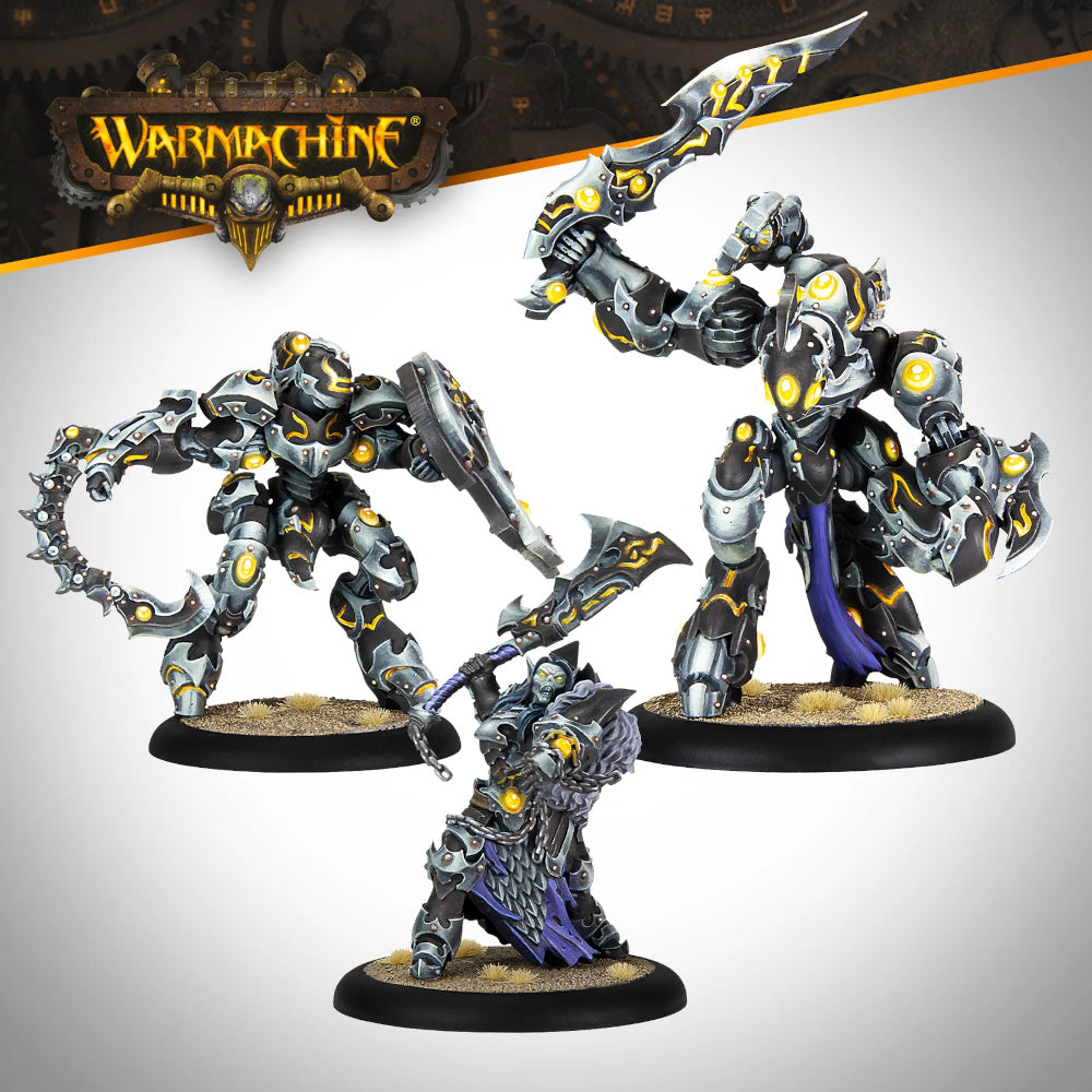 Three Warmachine miniatures: two armored warjacks and one warrior, all black, silver and glowing yellow, wielding weapons