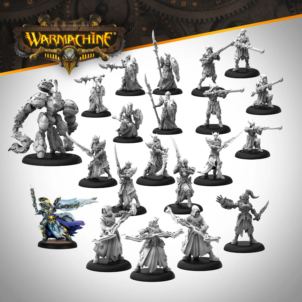 A set of Warmachine Dusk House Kallyss Core Expansion miniature figures, mostly unpainted, showing warriors with various weapons and a large mech, plus one painted figure
