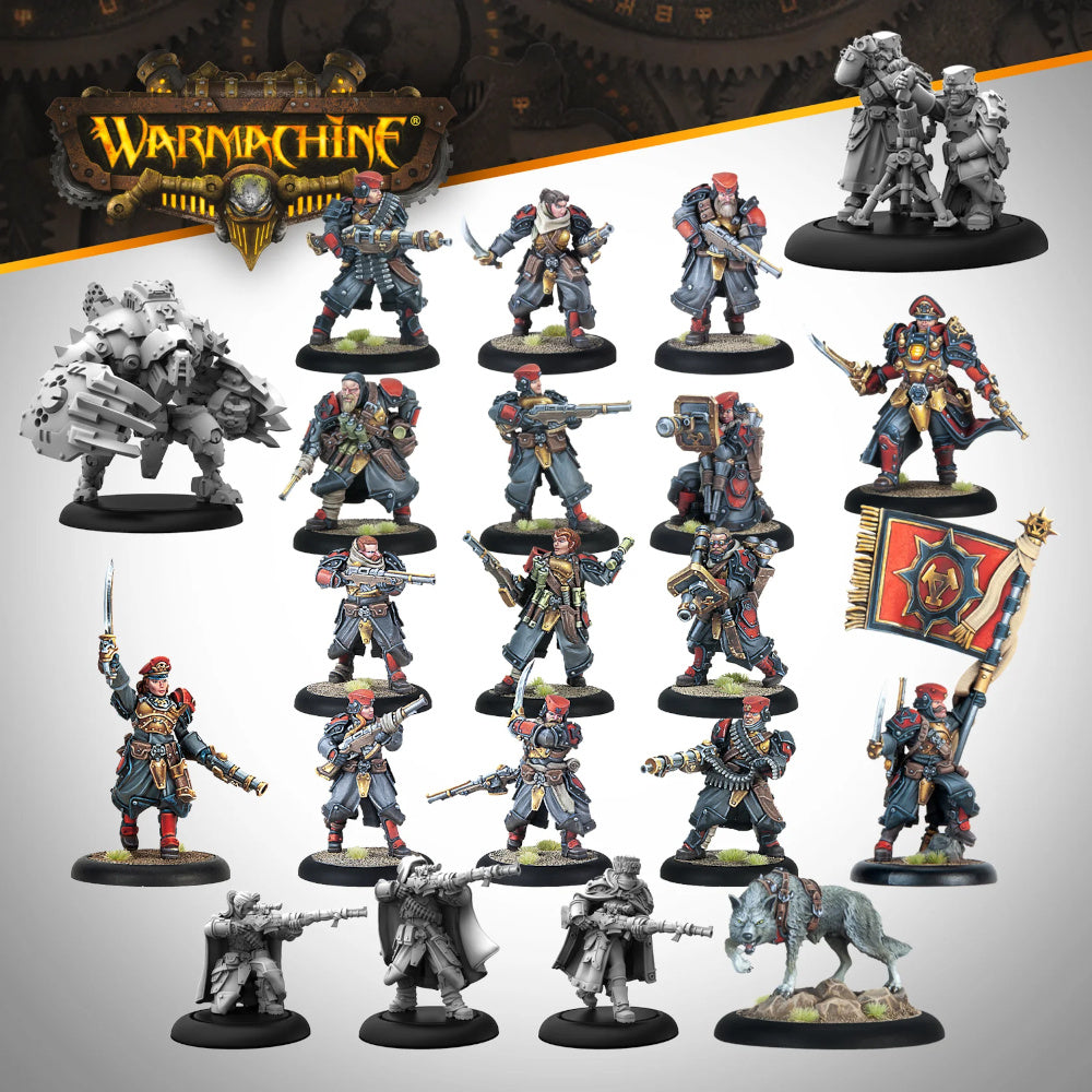 Warmachine game miniatures: A diverse collection of painted and unpainted fantasy soldiers, a mech, and a wolf