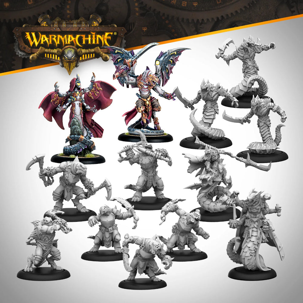Collection of WARMACHINE game miniatures: two painted, eleven unpainted monster figures with weapons and snake tails