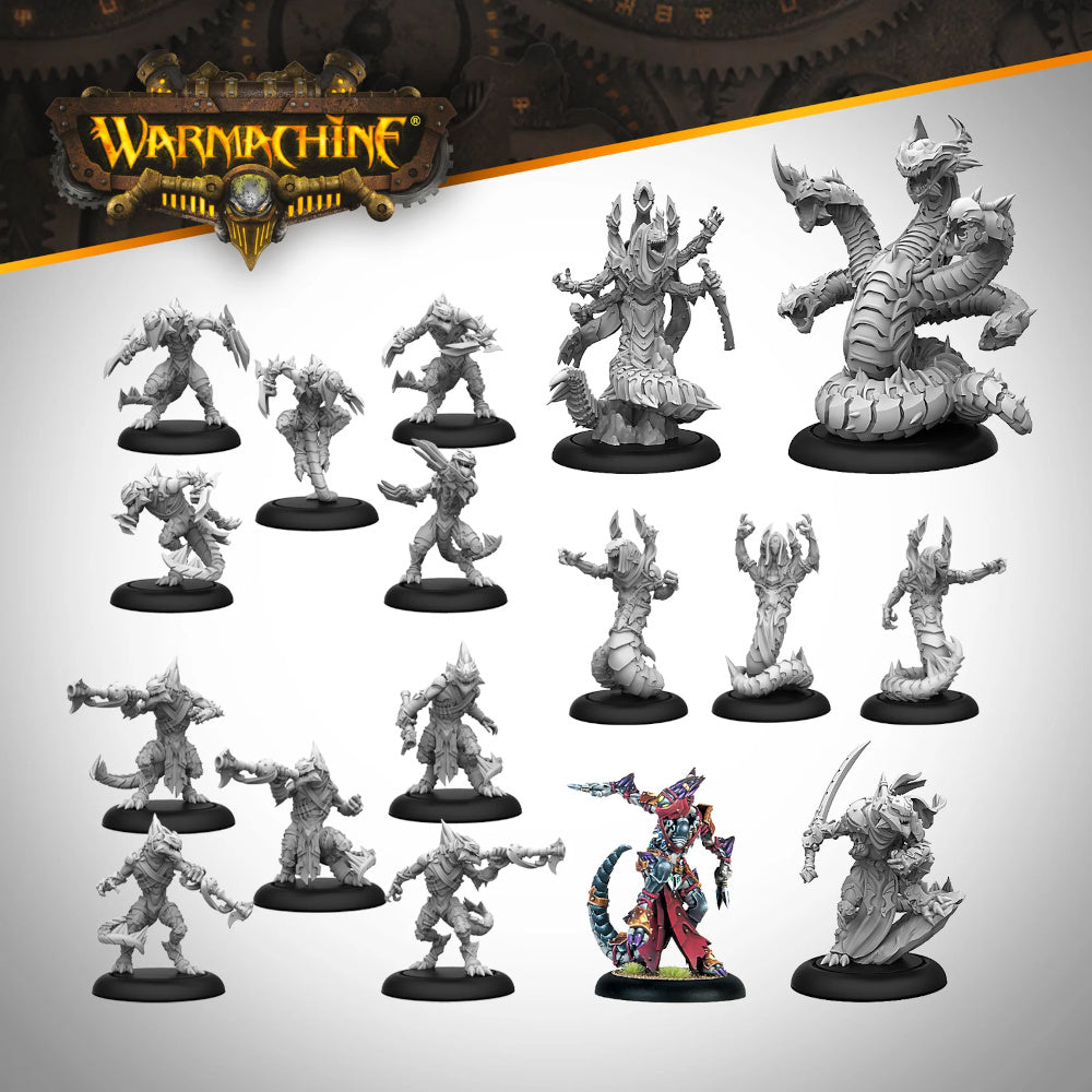 A collection of unpainted grey fantasy miniatures from Warmachine, including reptilian figures, a multi-headed hydra and one colorful painted model