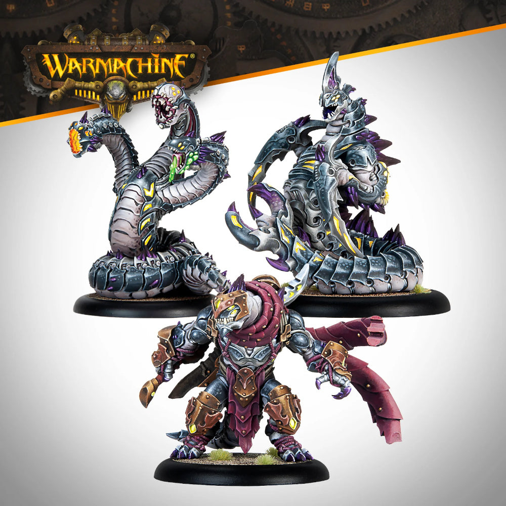 Warmachine Khymaera Shadowflame Shard Battlegroup Box features a three-headed serpent, a spiky armored beast, and a bipedal warrior