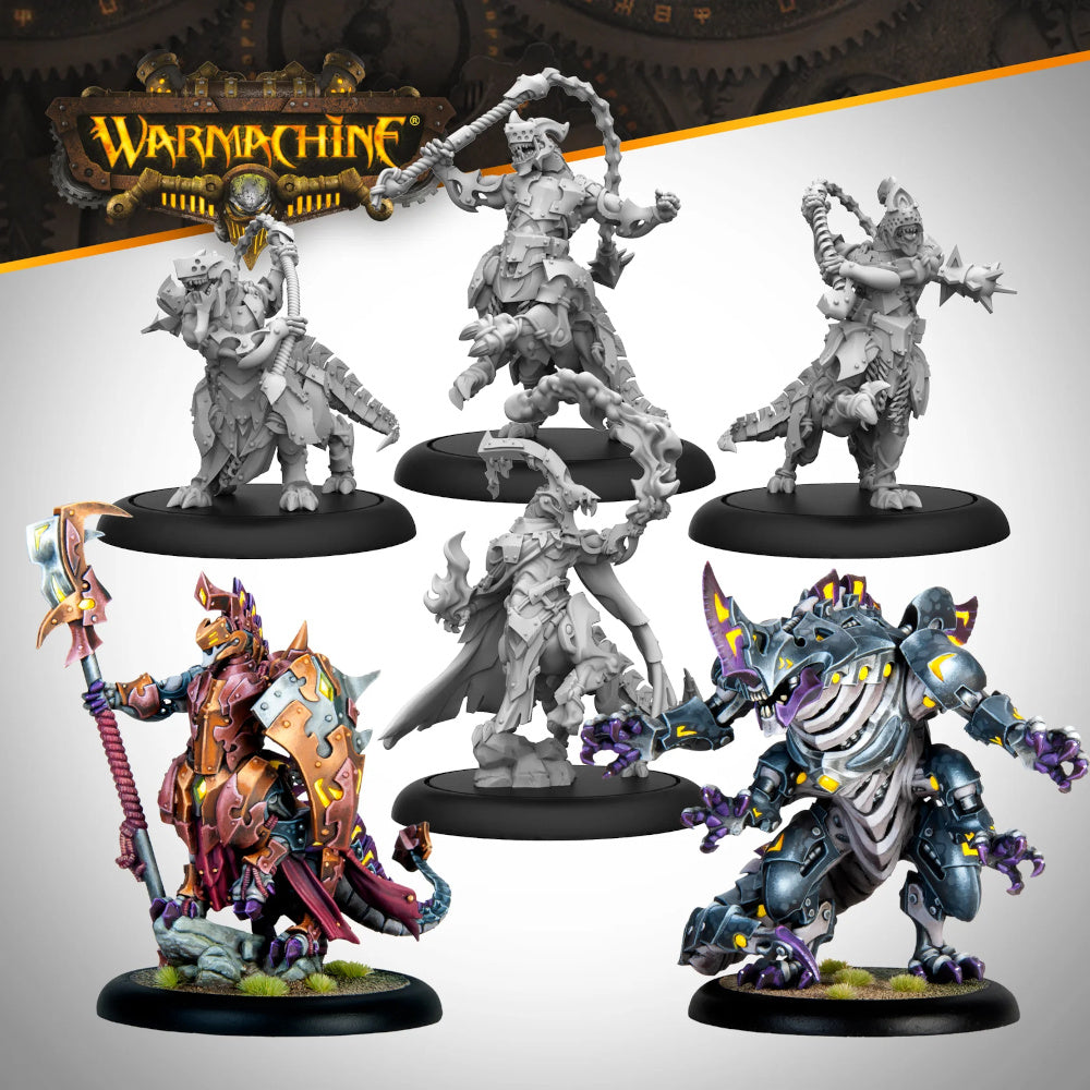 Five WarMachine miniatures: two painted (an armored warrior and a Warjack), and three unpainted monster figures