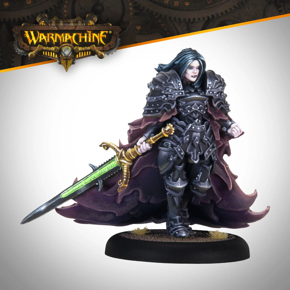 Warmachine miniature: A female warrior in dark ornate armor and flowing cape, holding a sword with a glowing green blade