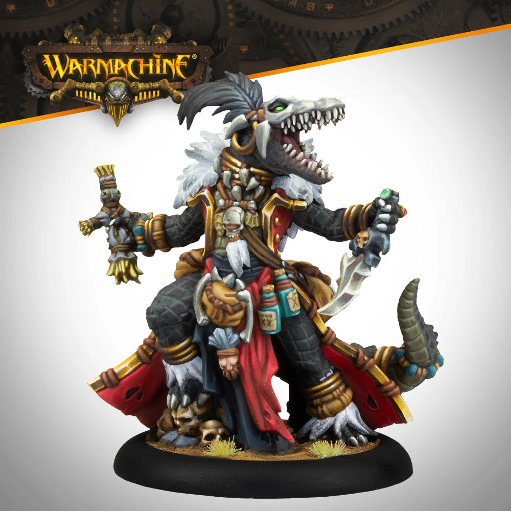 A painted Warmachine miniature depicting a reptilian warrior with a skull-like head, holding a totem and a dagger