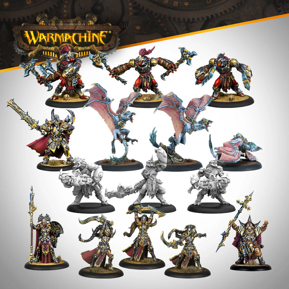 A set of painted and unpainted War Machine tabletop miniatures, including warriors, winged creatures, and armored figures