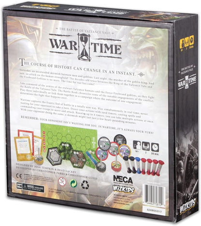 Back of the "Wartime: The Battle of Valyance Vale" board game box with hourglass logo, fantasy art, game map, cards, sand timers, and 2-4 player info
