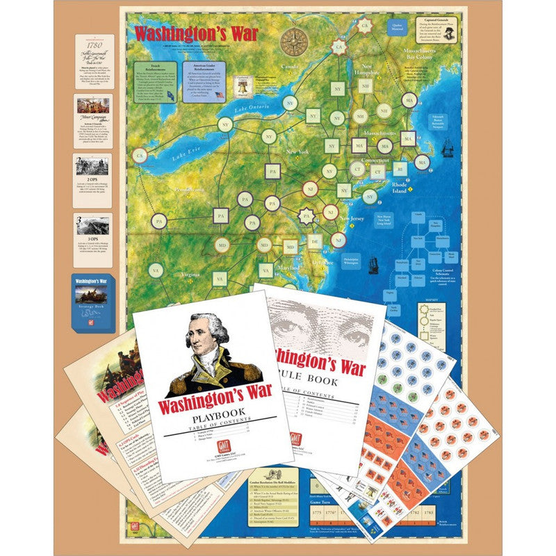 Washington's War board game, showing a map of the eastern US, rulebooks featuring George Washington, game cards, and punch-out counters for the American Revolution
