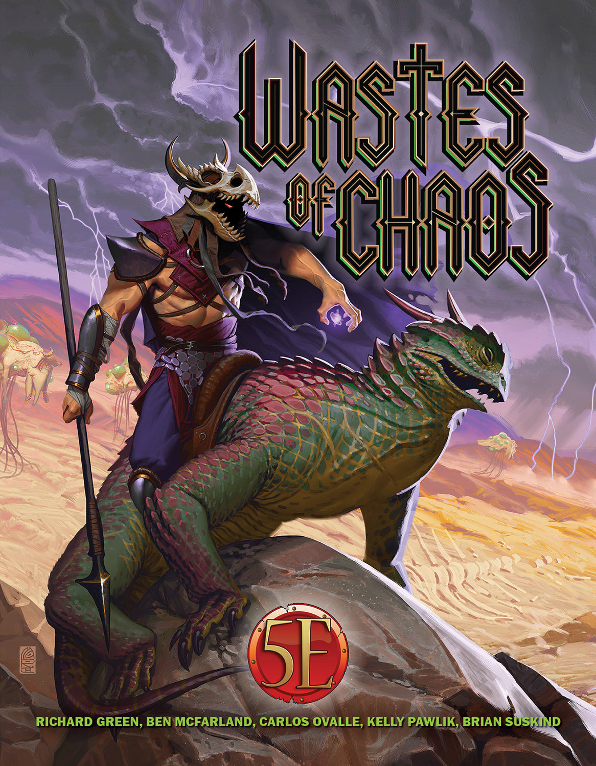 A skull-faced warrior riding a large green reptile through a lightning-filled desert with floating creatures, with the title Wastes of Chaos