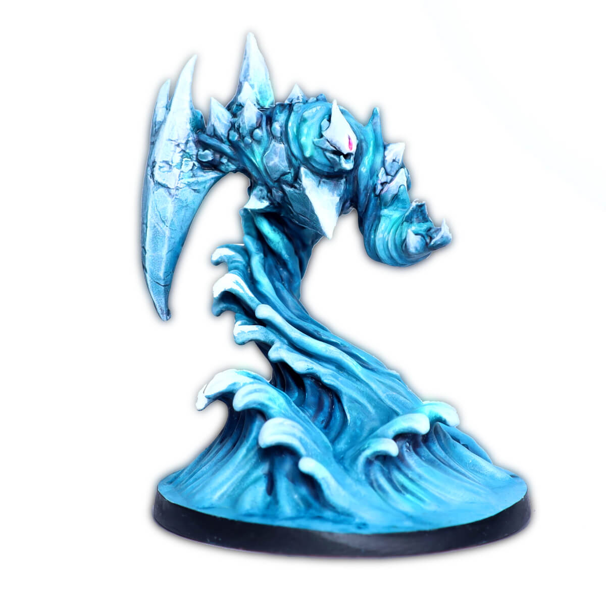 A blue and white ice elemental miniature, with sharp spikes and a scythe-like arm, rising from crashing waves