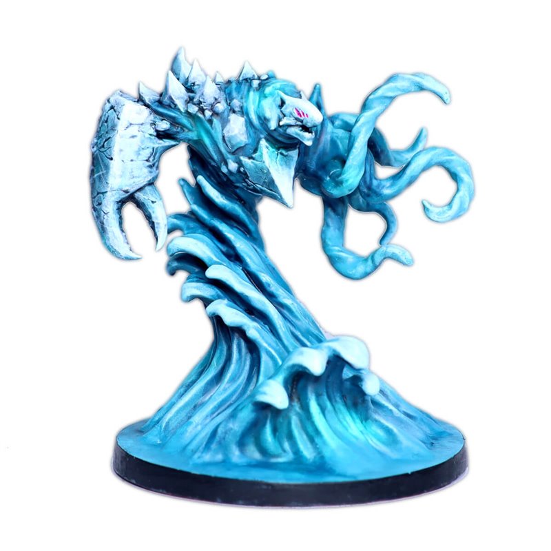 A blue water creature miniature with a crab claw, tentacles, and red eyes, emerging dynamically from sculpted waves.