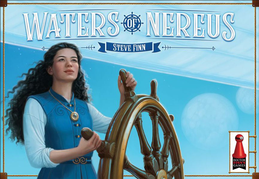 Cover for "Waters of Nereus": A woman with dark, wavy hair steers a ship's wheel, gazing upward at a blue sky