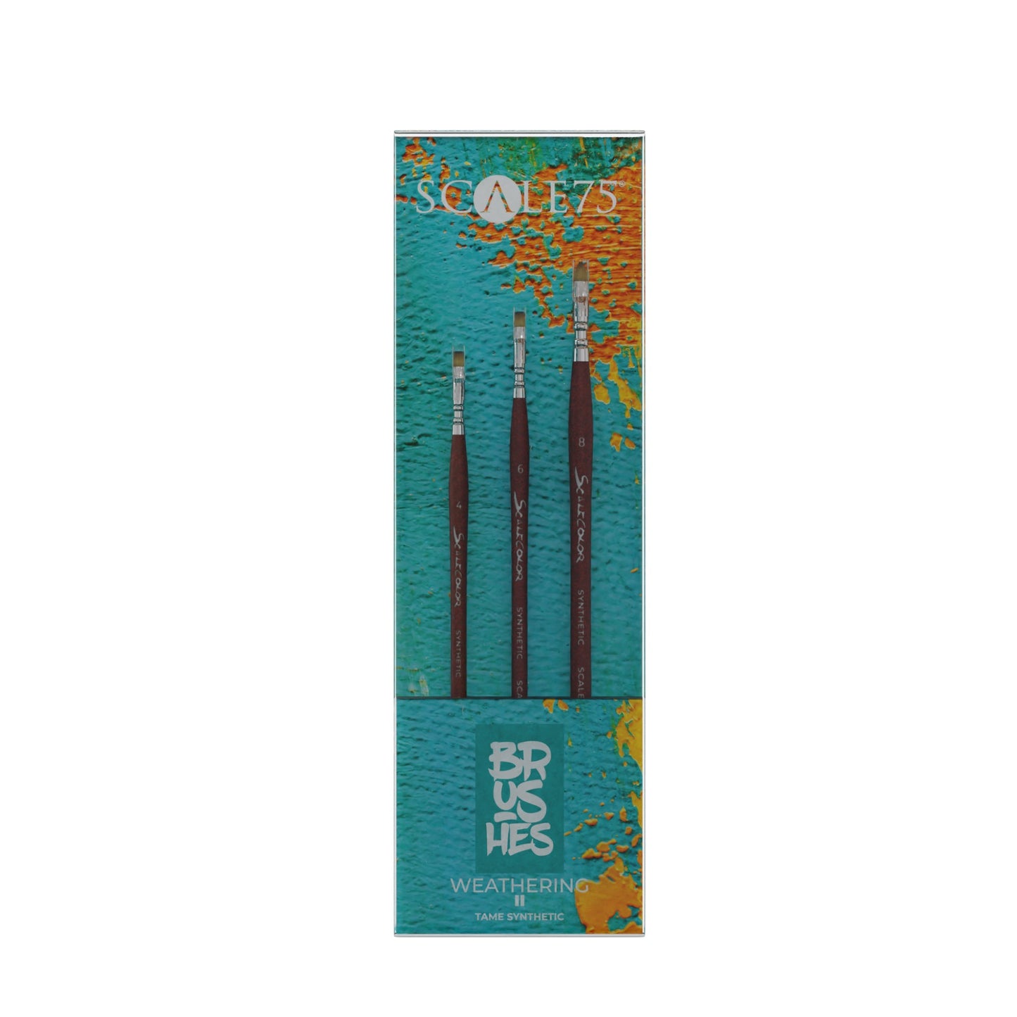 A Scale 75 Weathering II Tame Synthetic 3-piece brush set, featuring flat synthetic brushes sized 4, 6, and 8 in teal and orange textured retail packaging
