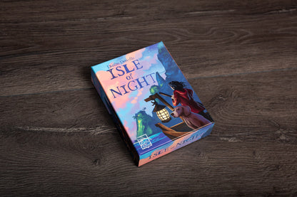 An overhead view of Isle of Night gameplay with various game components such as cards, tokens, and player mats spread across the table