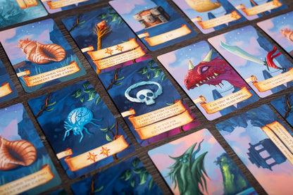A tabletop scene featuring multiple players interacting with the Isle of Night board game, displaying cards, miniatures, and tokens