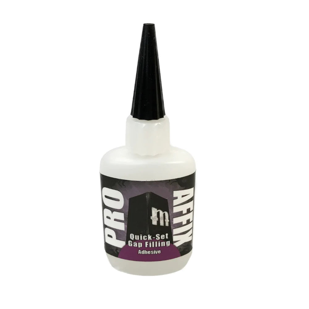A white bottle of PRO AFFIX Quick-Set Gap Filling Adhesive with a black dispensing nozzle