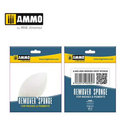 AMMO by MIG Jimenez white wedged drop Remover Sponge for washes & pigments, shown packaged front and back.