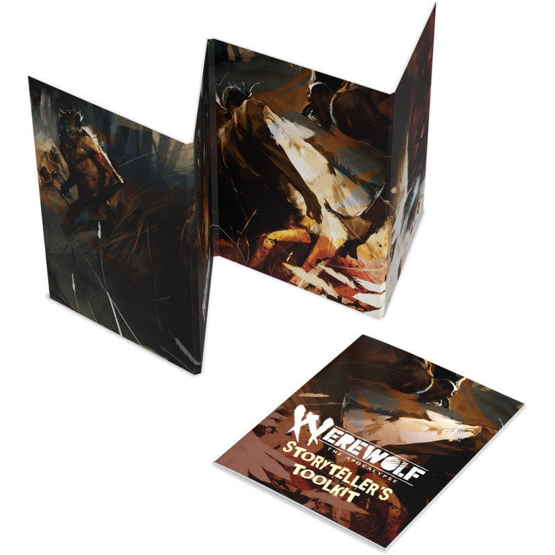 Werewolf: The Apocalypse RPG Storyteller&#39;s Toolkit, featuring a folded game master screen with dynamic werewolf artwork and a matching rulebook