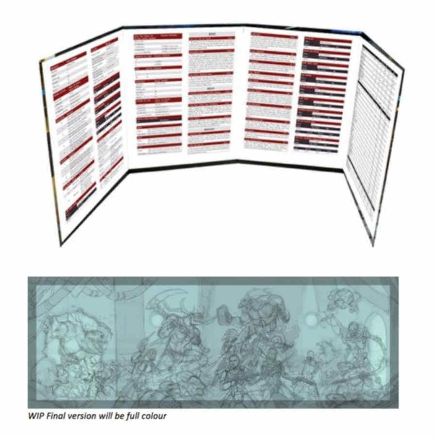 An open game master screen displaying rules text -  with a teal-toned WIP fantasy battle sketch below