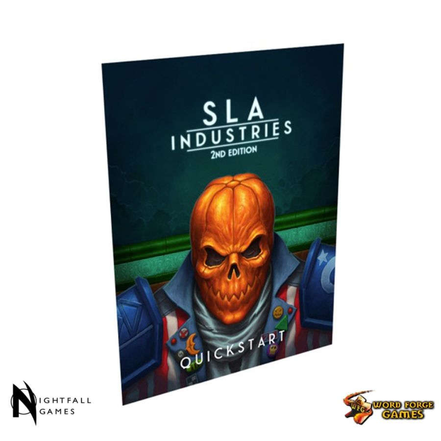SLA Industries 2nd Edition Quickstart cover featuring an orange -  pumpkin-headed figure in a blue uniform