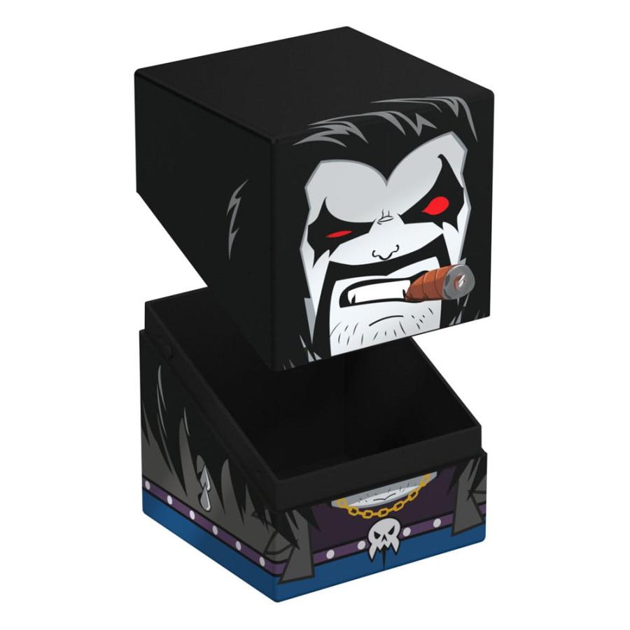 Open storage box featuring DC character Lobo's face (red eyes, cigar) on the lid and his costume details on the base