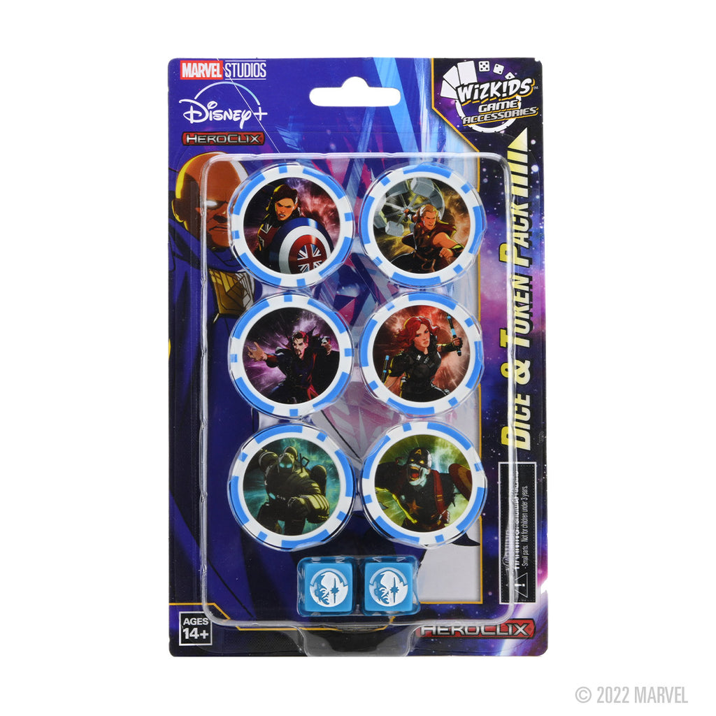 A packaged Wizkids Marvel HeroClix Dice and Token Pack with six round tokens displaying Marvel characters and two blue dice with symbols