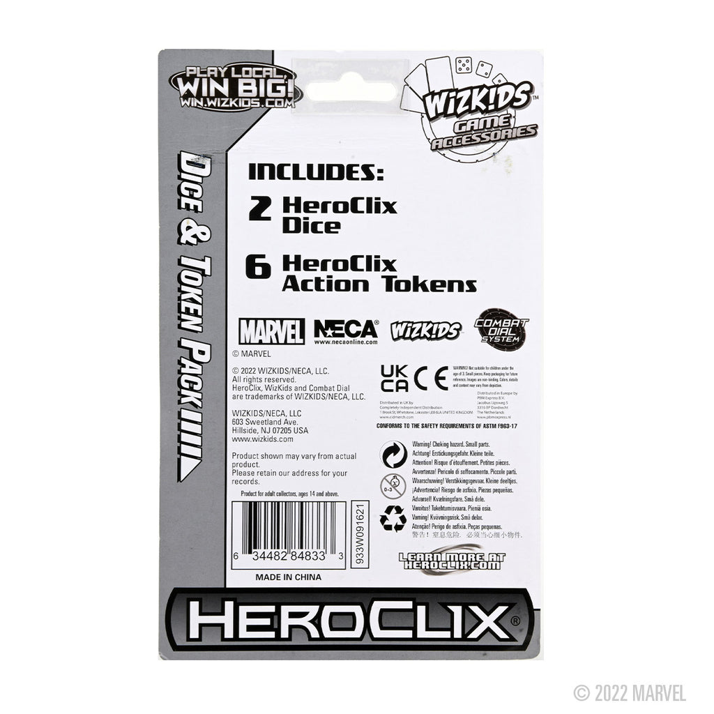 Back of a gray and white Wizkids Marvel HeroClix Marvel Studios Disney Plus Dice and Token Pack, detailing its contents of two dice and six action tokens