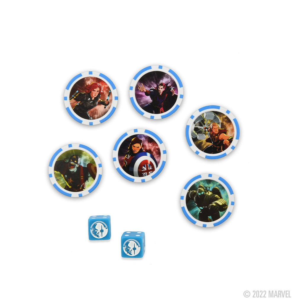 A Wizkids Marvel HeroClix Dice and Token Pack contains six tokens featuring various superheroes and two blue dice with a phoenix symbol on a white surface