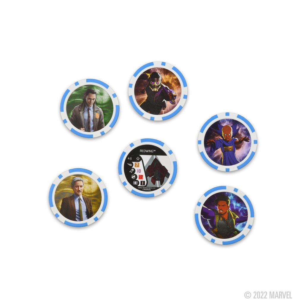 The image shows six white and blue HeroClix game tokens, five with Marvel characters and one with a drone icon