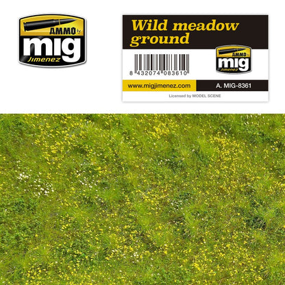 Product label for AMMO by mig Jimenez 'Wild meadow ground' displayed with a close-up of its realistic green grass & flowers.