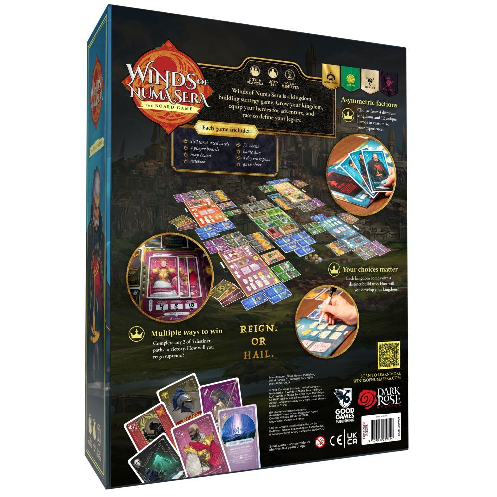 Back of "Winds of Numa Sera" board game box, showing game components like cards, tokens, map tiles, and feature descriptions for this kingdom-building strategy game