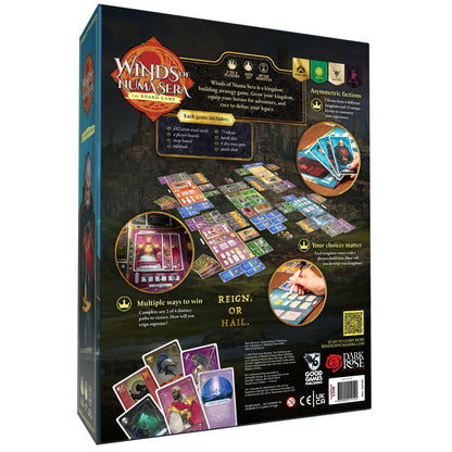 Back of "Winds of Numa Sera" board game box, showing game components like cards, tokens, map tiles, and feature descriptions for this kingdom-building strategy game