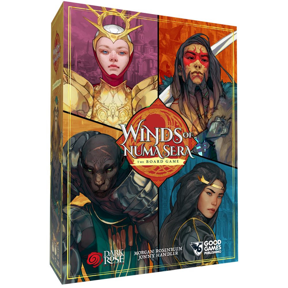 Winds of Numa Sera board game box showing four fantasy characters: a woman in gold armor, a warrior with red face paint, a dark-skinned armored creature, and a woman with a golden headband