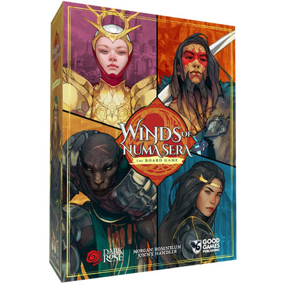 Winds of Numa Sera board game box showing four fantasy characters: a woman in gold armor, a warrior with red face paint, a dark-skinned armored creature, and a woman with a golden headband