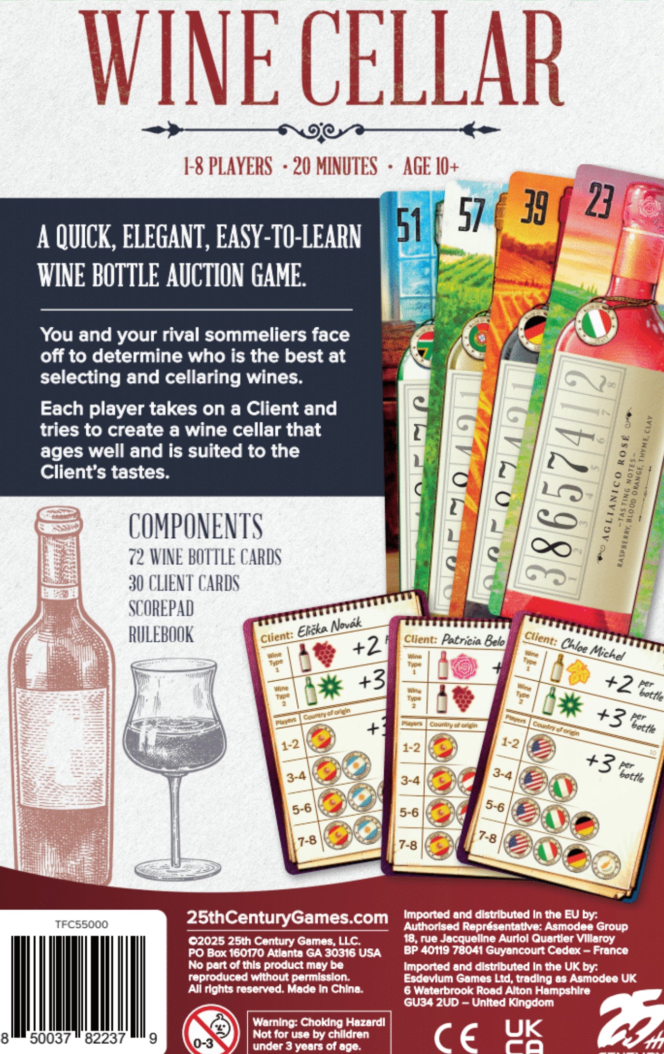 The back of the Wine Cellar game box displays the title, game description, components list, illustrations of a wine bottle and glass, and a fan of game cards