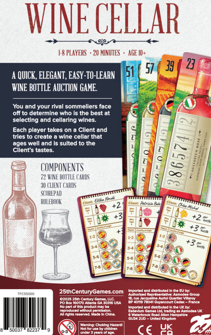 The back of the Wine Cellar game box displays the title, game description, components list, illustrations of a wine bottle and glass, and a fan of game cards
