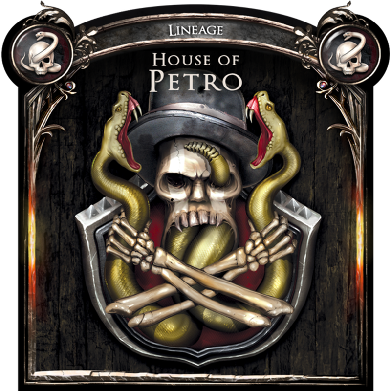 Emblem: Skull in a top hat, flanked by two yellow snakes biting it. Bony hands hold crossed bones. Text: Lineage, House of Petro