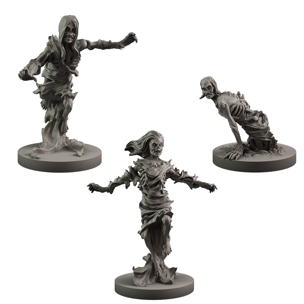 Three grey, unpainted undead miniatures. One lunges, one stands with arms out, one crawls