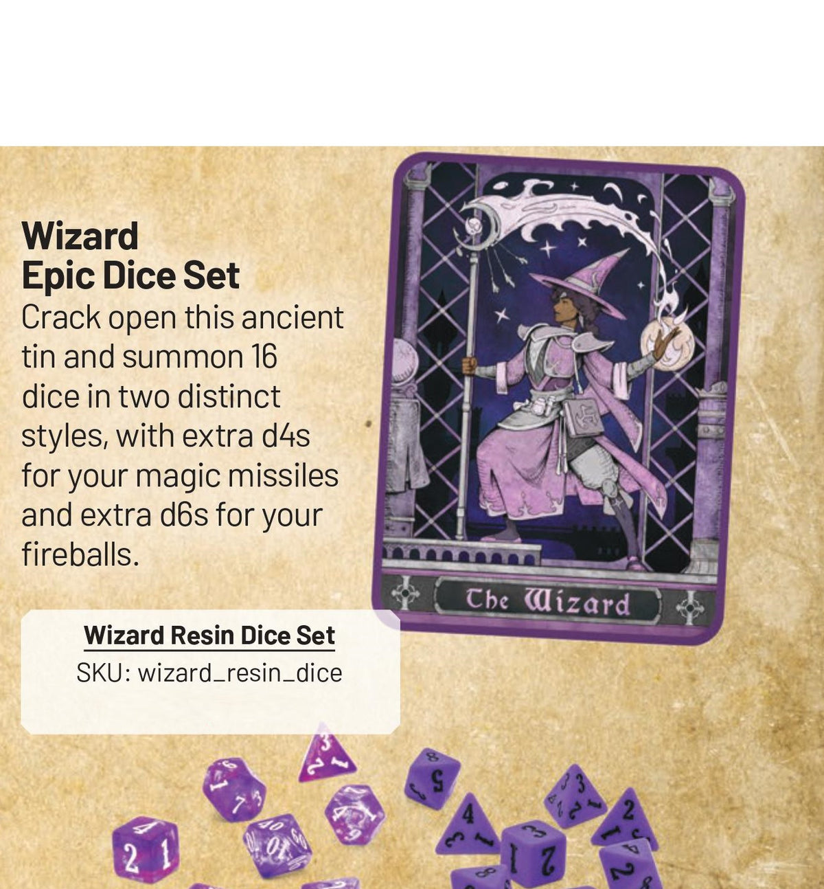 Purple polyhedral dice from a &#39;Wizard Epic Dice Set&#39; with a wizard character art card and product text
