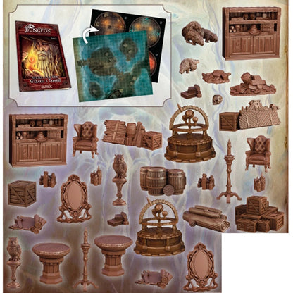 D&D set: rulebook, maps, and numerous brown fantasy miniatures including furniture, wells, barrels, and creatures