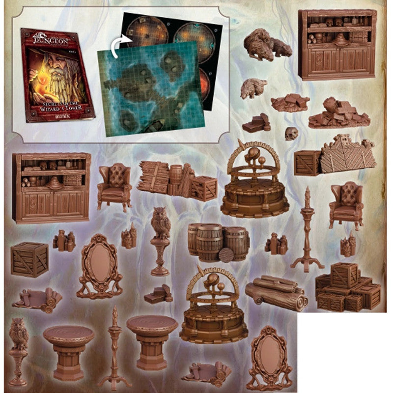 D&amp;D set: rulebook, maps, and numerous brown fantasy miniatures including furniture, wells, barrels, and creatures