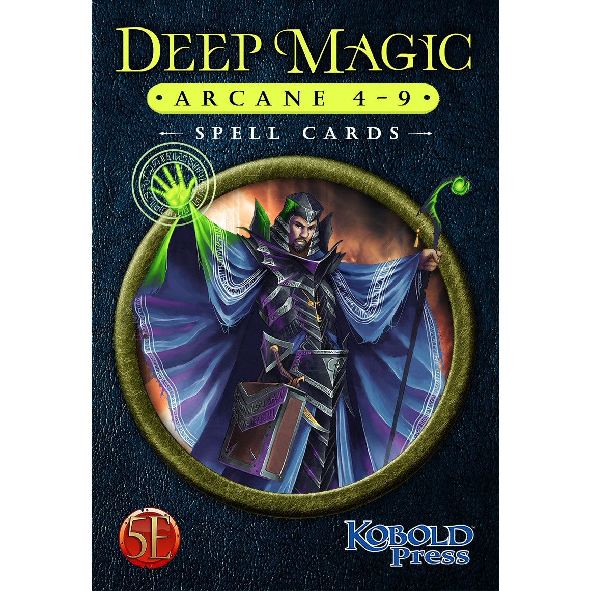 The cover for Deep Magic Arcane 4-9 Spell Cards shows a wizard in a blue robe casting a green spell and holding a glowing staff inside a gold-ringed frame