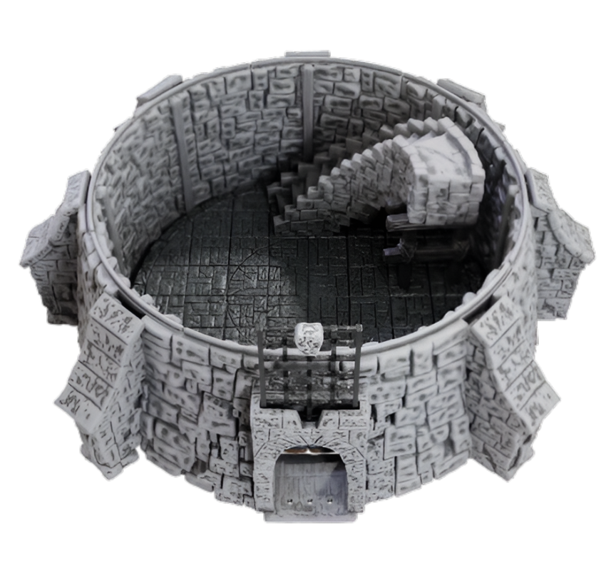 A Grey stone tower model, open at the top, shows a winding staircase and an arched entrance with a raised portcullis