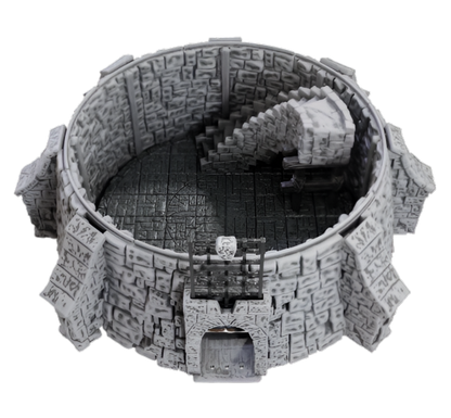 A Grey stone tower model, open at the top, shows a winding staircase and an arched entrance with a raised portcullis